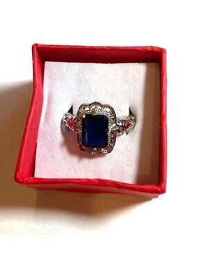 Silver tone Ring W/Rectangular Tested Sapphire Stone & Crystal Accents Size 9